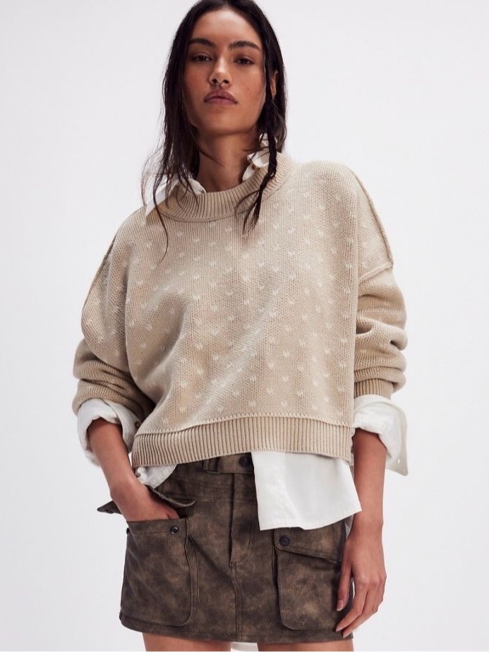 Free People Easy Street Crop Pullover Sweater Oversized Boxy Fit Printed